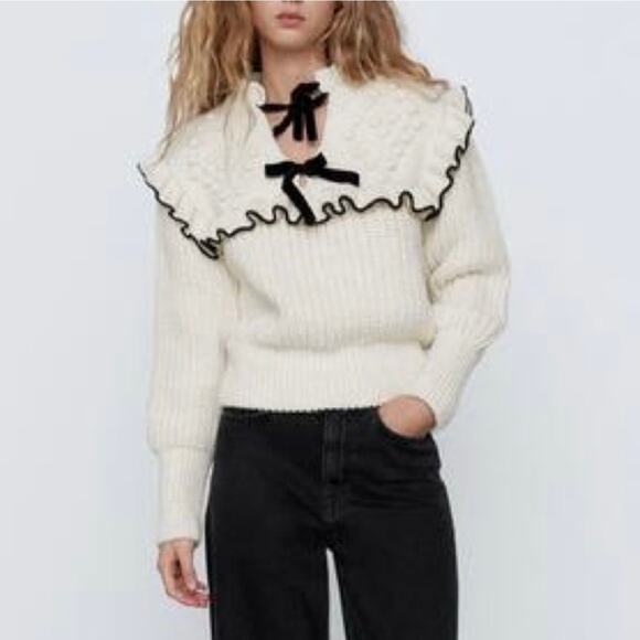 Zara Cream Black Ruffle Trim Bow Tie Ribbon Soft Knit...